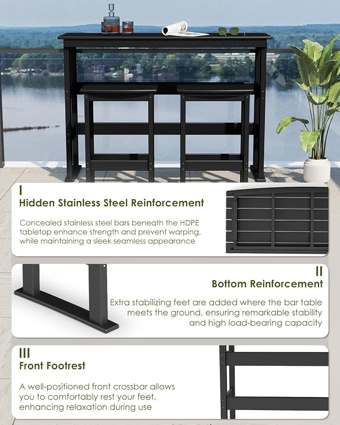 GREENVINES Outdoor-Bar-Set | HDPE Plastic | 3-Piece | 37″ Counter Height Patio Table & 2 Backless Stools | Rectangle | High Top | All Weather | for Backyard Balcony Poolside | Black