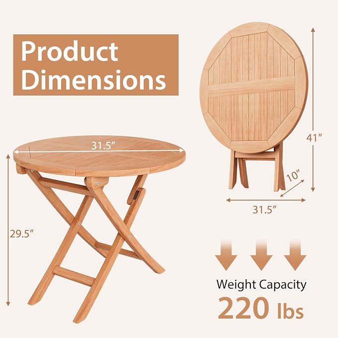 Giantex 31.5” Outdoor Folding Table, Indonesian Teak Patio Dining Table with Natural Appearance, Space-Saving Design, Outside Round Wood Dining Table for Deck, Backyard, Poolside
