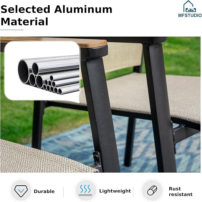 MFSTUDIO 5 PCS Outdoor Dining Set, Round Table & Aluminum Chairs, Beige | Stackbale textilene chairs, Light-weight & space-saving, Square Table, Umbrella Hole, Patio deck, 4 person