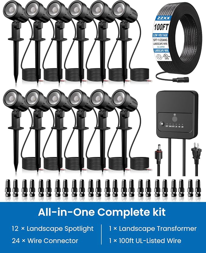 All-in-One Low Voltage Landscape Lighting Kit, 12-Pack, Warm White | LED Landscape Lights with Transformer 100FT Wire and Connectors, 2700K Waterproof Garden Spot Lights for Yard House Tree