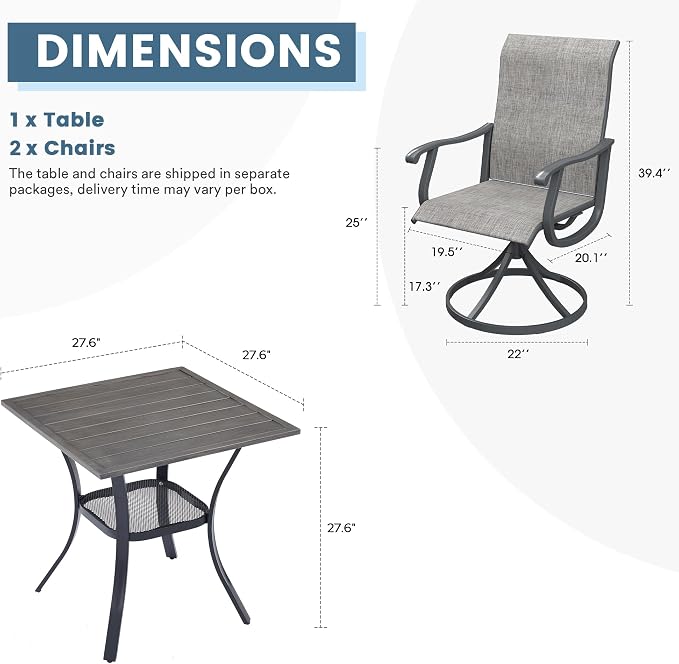 DIFY 3 Pieces Outdoor Patio Dining Set for 2, 27.6" Small Grey Wood-Like Walnut Square Metal Dining Table and 2 Grey Textilene Swivel Dining Chairs, Outdoor Table and Chairs