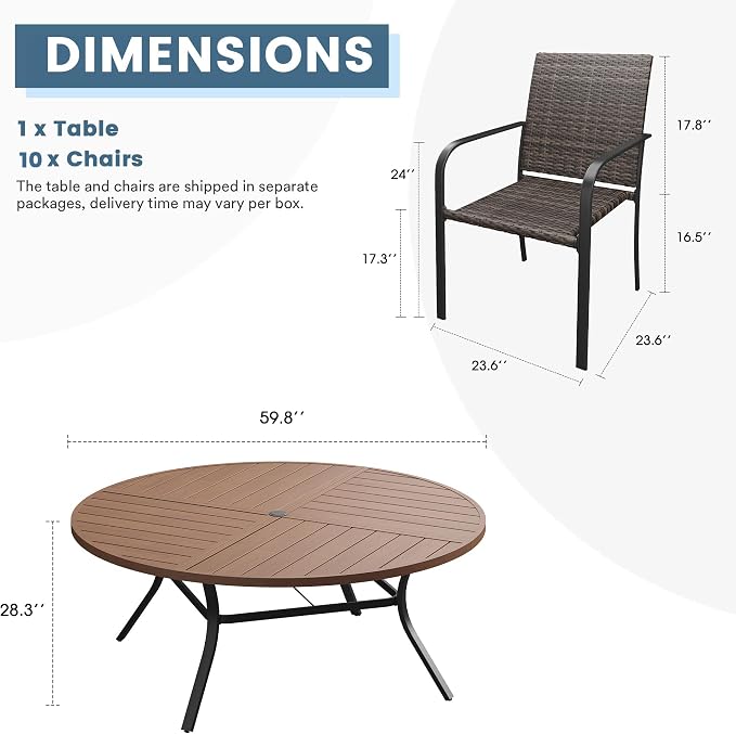 DIFY 11 Piece Outdoor Dining Set for 10, 59.8" Walnut Round Metal Dining Table with Umbrella Hole and Stackable Wicker Patio Chairs, All-Weather Patio Table and Chairs Set for Deck Garden Backyard