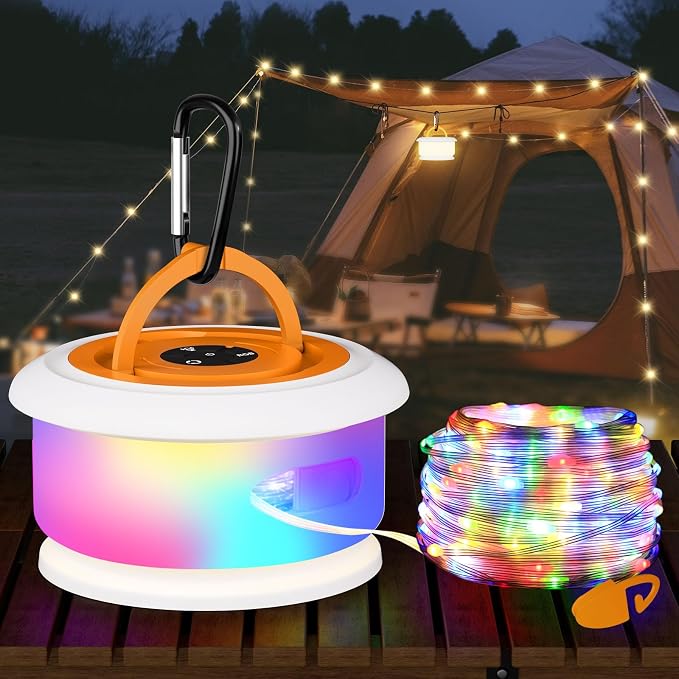 Camping String Lights, Retractable 32.8FT Rechargeable Fairy Light | Quick Storage RGB Flash Lamp Outdoor Waterproof, Portable Hanging Lantern for Outside Tent Patio Awning Garden RV Essentials