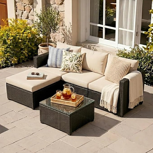 JAMFLY 3-Piece Outdoor Sectional Sofa Set with Glass Coffee Table, All-Weather PE Wicker Patio Furniture with Thick Cushions, Modular Conversation Set for Small Balcony, Deck & Porch, Beige
