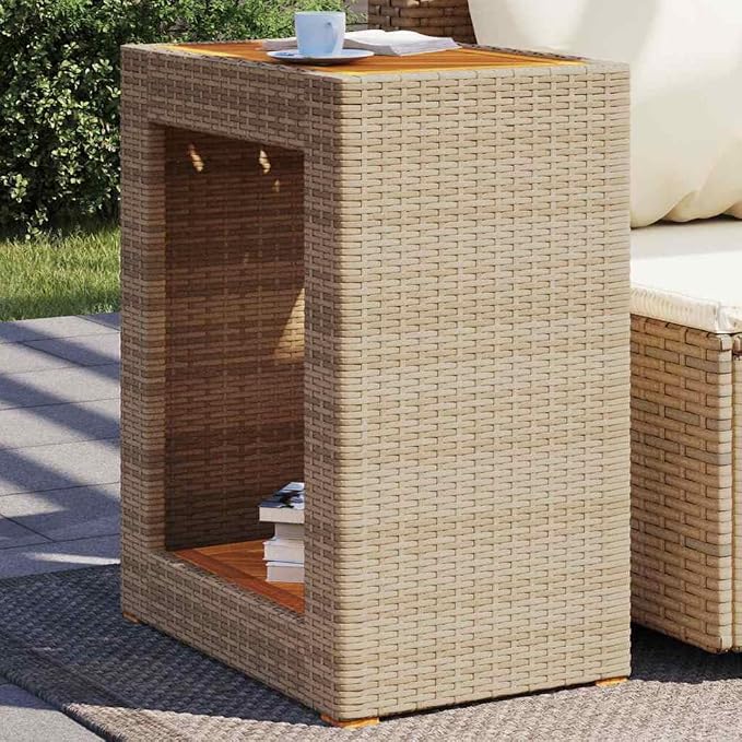 vidaXL Patio Side Table with Wooden Top, Exterior Tea Table with Storage, Rectangular Coffee Table for Garden Backyard, Modern, Beige Poly Rattan