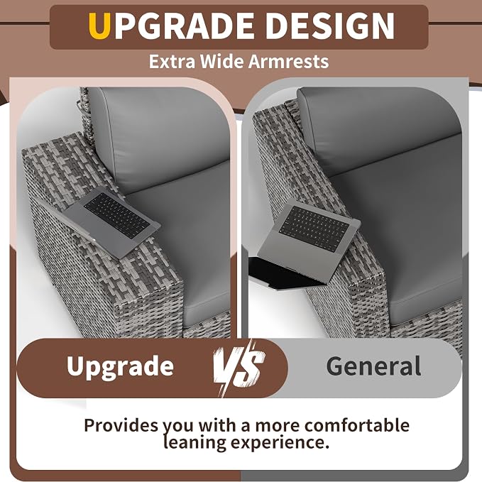 6 Pieces Patio Furniture Set, Wide Arm Outdoor Patio Sectional Couch Set, All Weather Wicker Rattan Conversation Set w/Cushions and Glass Table and Waterproof Cover, Grey & Grey