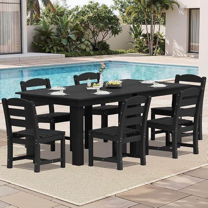 KINGYES 8-Piece HDPE Outdoor Dining Set for 6, Square Patio Table & Armless Chairs with Umbrella Hole, All-Weather Patio Dining Set for Backyard, Garden, Lawn & Poolside, Black