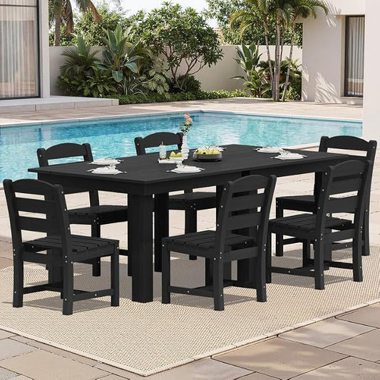 KINGYES 8-Piece HDPE Outdoor Dining Set for 6, Square Patio Table & Armless Chairs with Umbrella Hole, All-Weather Patio Dining Set for Backyard, Garden, Lawn & Poolside, Black