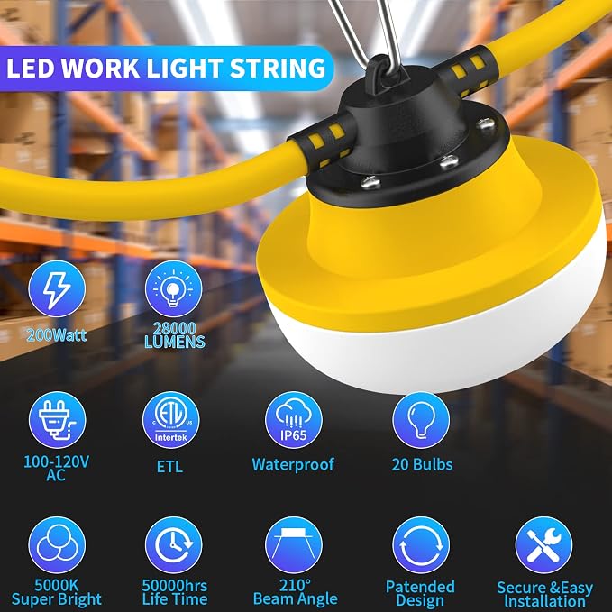New 200FT Construction String Lights LED Industrial Grade | Best for Construction Sites,Renovation, Walkways,Patio,Mine cave,Outdoor Lighting Solutions Use,Free for Climbing Hook 2Prong