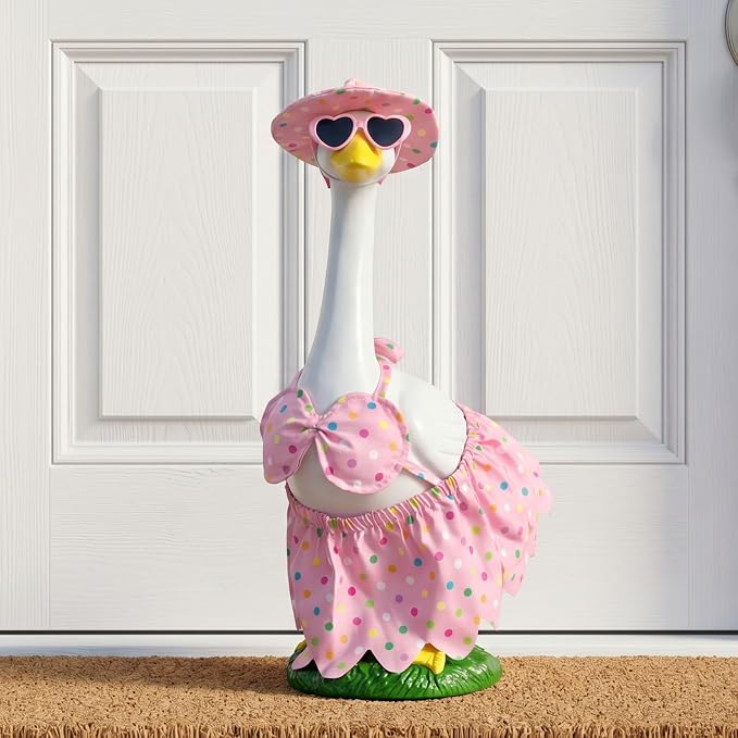 Porch Goose Statue with Outfits - 20" Large Porch Goose Statues Wear Pink Summer Bikini, Resin Animal Sculpture, Indoor or Outdoor Decor Figurine for Garden,Lawn,Pool,Entryway Accent,Housewarming Gift