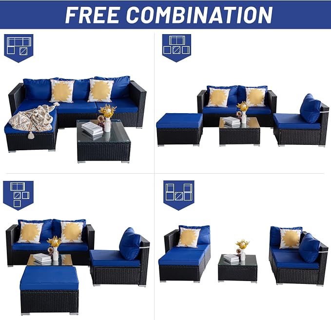 5 Piece Rattan Patio Furniture Set, Outdoor Patio Conversation Set | Soft Removable Cushion and Backrest, Tempered Coffee Table, Modern Chairs and Table Sets for Porch, Garden, Lawn, Black/Blue