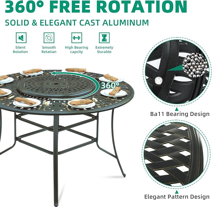VIVIJASON 61" Patio Round Height Bar Table, All-Weather Cast Aluminum High Top Dining Table with 31" Lazy Susan & Umbrella Hole for Outdoor Balcony, Porch and Deck, Fits for 6-8 Person, Dark Bronze