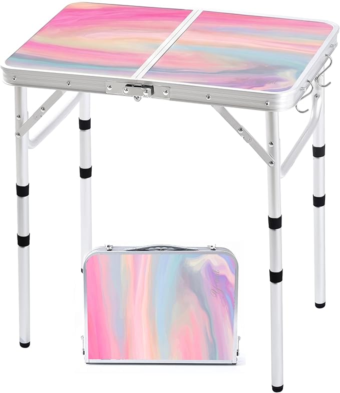 Yriuat Folding Camping Table 2ft Portable Picnic Table Adjustable Height Small Card Table Aluminum Foldable Lightweight with Carry Handle for Outdoor Indoor Hiking Camp BBQ Beach (Blush Haze)