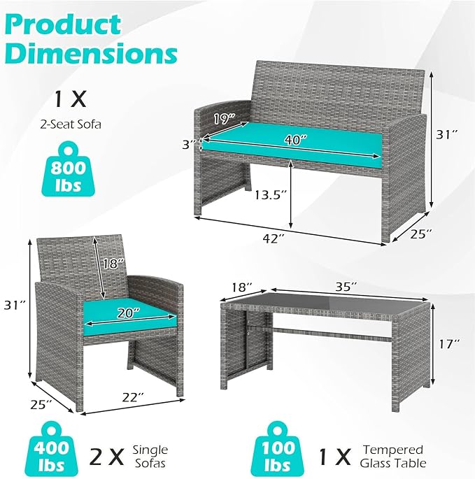 RELAX4LIFE 4-Piece Patio Furniture Set - Wicker Rattan Outdoor Sectional Sofa Set w/Glass Coffee Table, Loveseat, 2 Single Chairs & Soft Cushions, Bistro Conversation for Garden Porch (1, Turquoise)