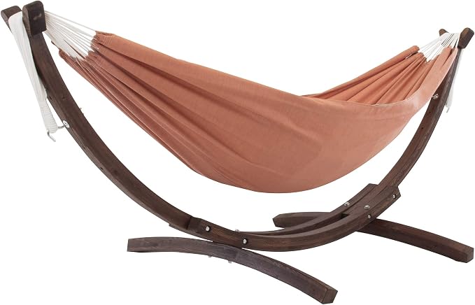 Vivere Double Sunbrella Hammock with Solid Pine Arc Stand - 450 lb Capacity, Durable FSC Wood Frame, Includes Hardware & User Guide - 450 lb Weight Capacity (Coral)