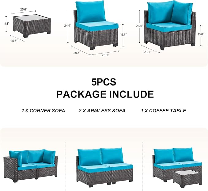 CANMOV 5 Pieces Patio Furniture Sets, All Weather Outdoor Patio Conversation Set, Wicker Rattan Sectional Sofa Couch Glass Coffee Table and Washable Cushions for Backyard Garden, Porch, Peacock Blue