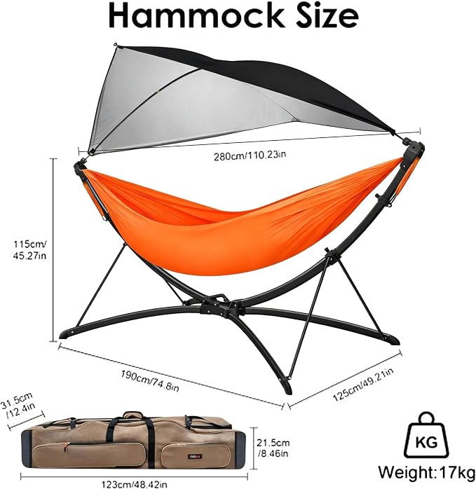 Portable Outdoor Hammock with Quick-Fold Stand and Adjustable Sunshade for Ultimate Relaxation in Gardens, Camping, and Beach Settings - Spacious Design with Storage Bag Included
