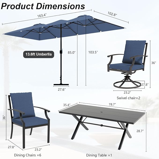 10 Piece Outdoor Dining Set for 8, Patio Table and Chairs Set with Umbrella, Metal Patio Furniture Set with 2 Swivel Chairs, Outdoor Table and Chairs with Cushions for Lawn, Garden, Yard-Navy