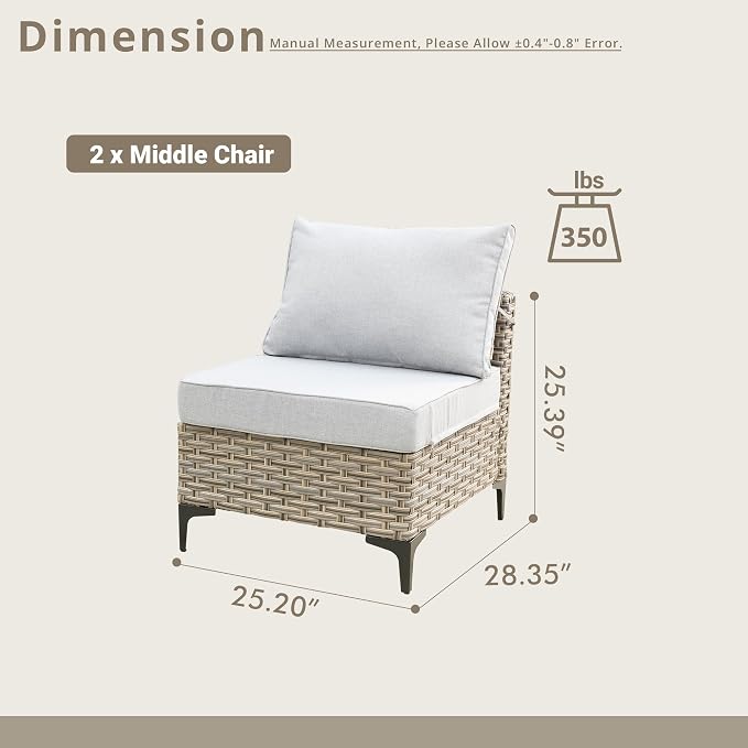2 Pieces Patio Sectional Furniture Set, Outdoor Wicker Sectional Couch Middle Seats, Modern Conversation Set for Porch Balcony Backyard, Gray