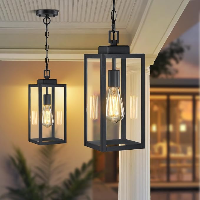 15'' Outdoor Pendant Light, Outside Chandelier Hanging Lantern, Black | Large, with Clear Glass, 1 Pack, Modern Exterior Pendant Lighting Fixture Ceiling Mount for Porch, Entryway