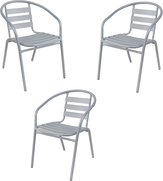 BTEXPERT Gray Indoor Outdoor Restaurant Stainless Steel Silver Aluminum + 3 Metal Slat Stack Commercial Lightweight, 3 Chairs with a 27.5" Round Table
