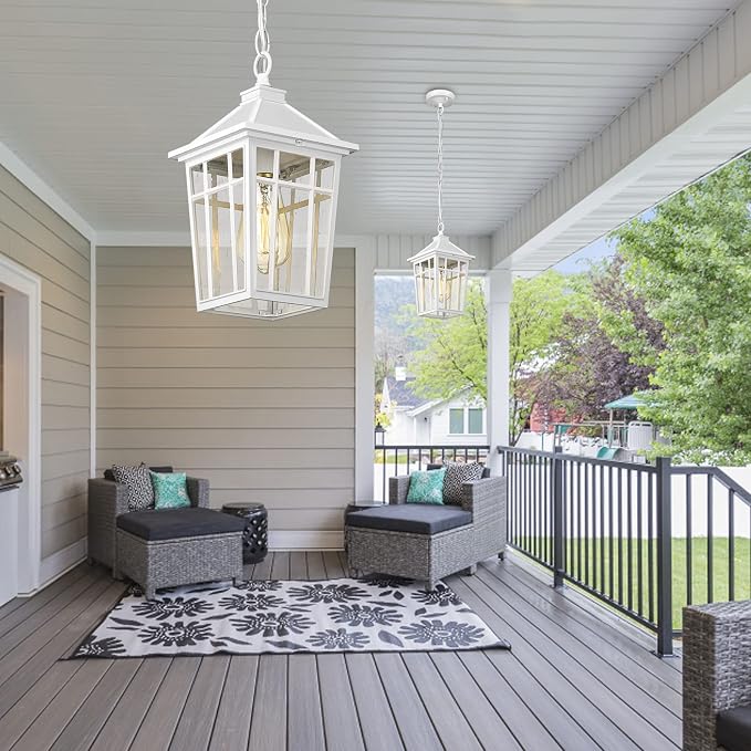 Darkaway Outdoor Pendant Light Fixture, Outdoor Hanging Light Porch Lights Fixtures Anti-Rust Waterproof Aluminum with Seeded Glass for Porch Entryway Doorway Farmhouse White
