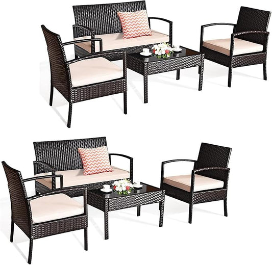 DORTALA 8 Piece Wicker Patio Furniture Set, Outdoor PE Rattan Conversation Set with Loveseat, Chairs & Coffee Table for Backyard Porch Garden Poolside Balcony