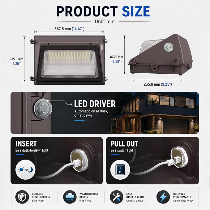 JCE Selectable 60W/90W/100W/120W LED Wall Pack with Dusk to Dawn Sensor, Max 18000LM 3-CCT Tunable LED Wall Pack Commercial Security Fixture for Yard Parking (2 Pack)