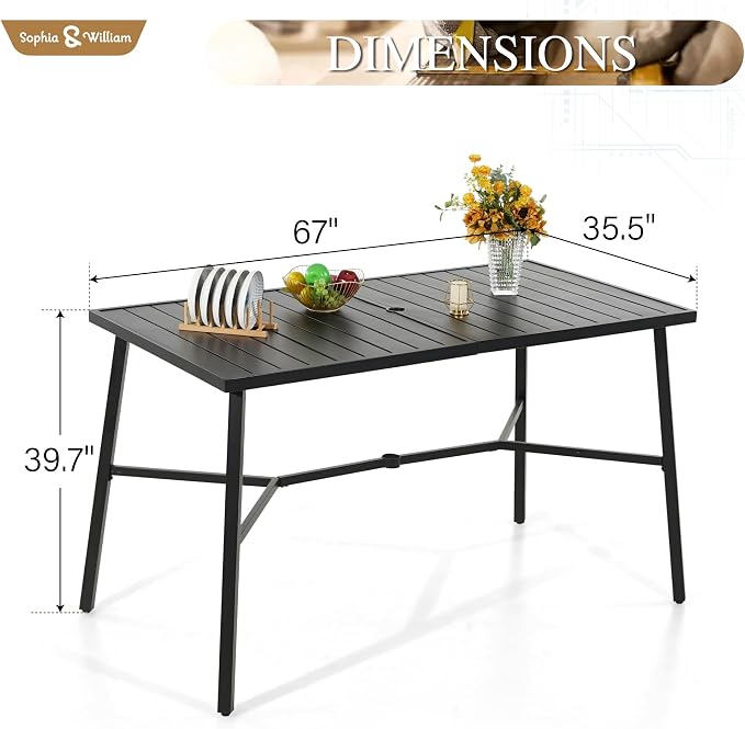 Sophia & William Outdoor Patio Bar Table Metal Bar Height Table Rectangular Dining Table with Umbrella Hole for Garden, Backyard, Lawn and Poolside, 66.9''W x 35.4''D x 39.8''H