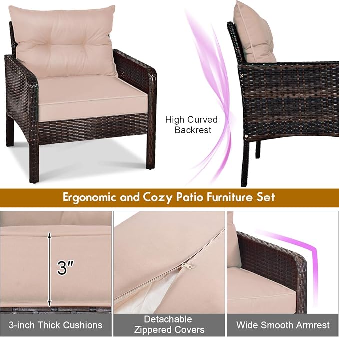 COSTWAY 5 PCS Patio Rattan Furniture Set, Outdoor Cushioned Sofa with Ottomans and Coffee Table, Wicker Conversation Set for Backyard Porch Lawn Poolsid, Beige