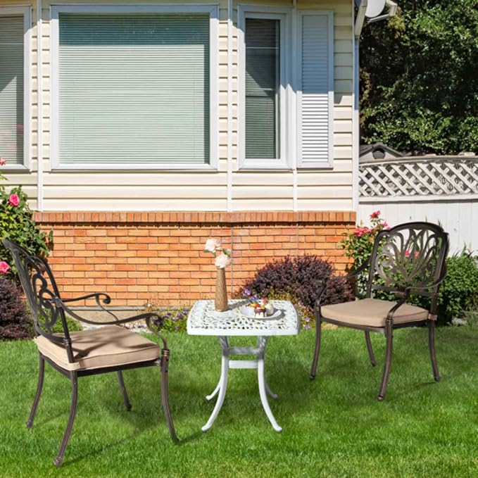 Patio Cast Aluminum Side Table with Umbrella Hole, Outdoor End Table Small Square Coffee Table for Backyard, Garden, Porch, Balcony, Pool Side, Indoor, White