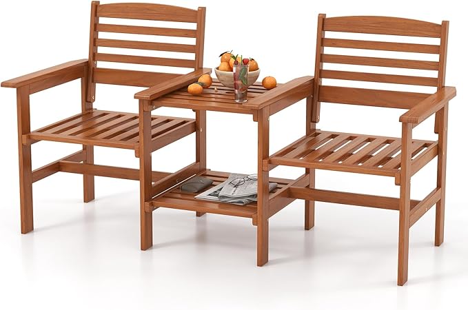 Tangkula Outdoor Patio Loveseat with Table, Wood 2-Seat Conversation Set with Coffee Table and Umbrella Hole, Outdoor Furniture Set for Garden Poolside Backyard Balcony Porch Deck (Natural)