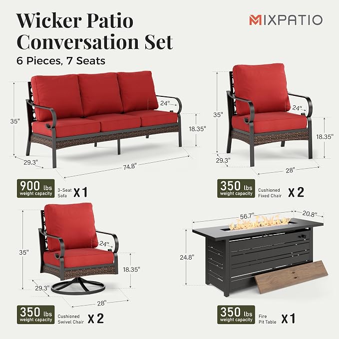 MIXPATIO Patio Furniture Set with Fire Pit Table, Metal Outdoor Conversation Set with 5.75'' Extra Thick Cushion, 2 Swivel Chairs, 2 Leg Chairs, 3-Seat Sofa and Gas Fire Pit Table, Red