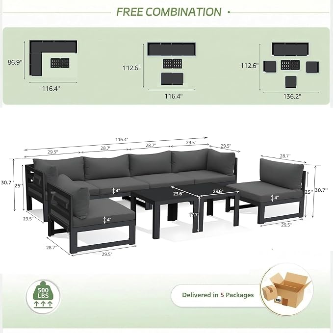 RADIATA 8 Pcs L Shaped Contemporary Aluminum Outdoor Furniture Set, 29" Deep Wide Couch Set for 500 lbs High Weight Capacity, Large Modular Patio Sectional Sofa with Coffee Table for Garden, Dark Grey