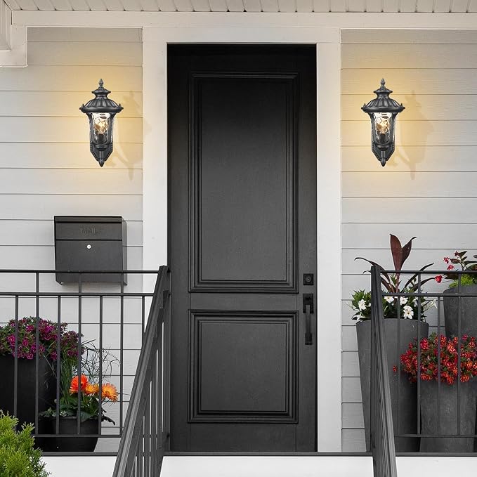 Outdoor Light Fixtures Wall Mount, Waterproof Exterior Wall Lanterns with Waer Ripple Glass, Outside Sconces, Front Porch Lights for House Garage Doorway Patio, 15'' Small Black
