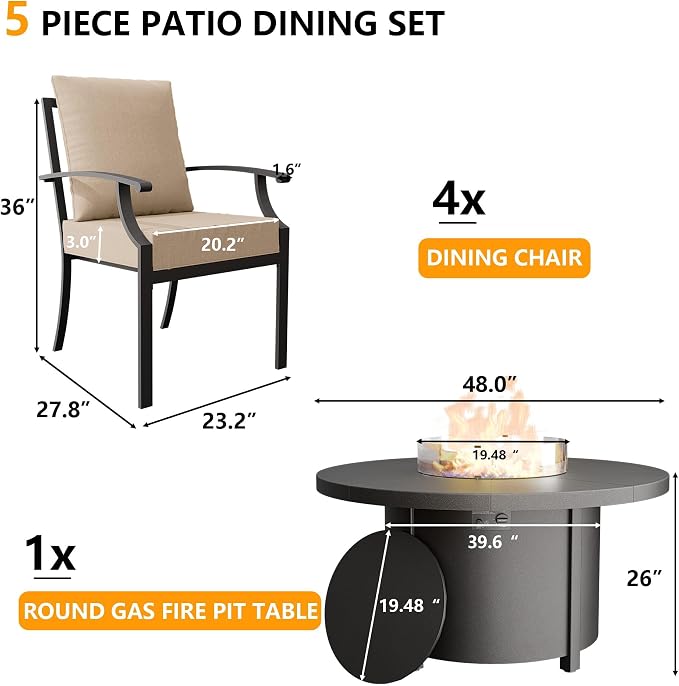 Kullavik 5 Piece Metal Outdoor Patio Furniture Set with Fire Pit Table,Outdoor Dining Table Set with 4 Fixed Chairs and 55000 BTU Outdoor Round Fire Pit,Sand