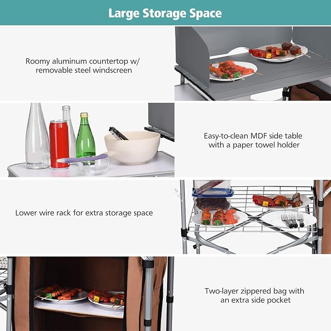 Goplus Camping Kitchen Table, Portable Outdoor Cooking Table with Storage, 26'' Tabletop, Detachable Windscreen, Camp Cook Station, Folding Grill Table for Tailgating BBQ Picnic Backyard Beach RV
