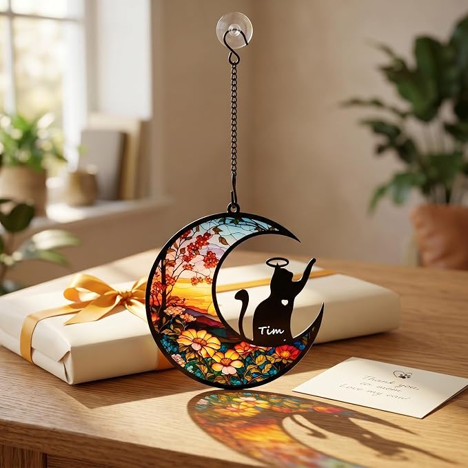 BamLue Cat Memorial Suncatcher for Windows Memorial Ornament, Pet Sympathy Gift to Memorialize the Loss, Cat Sun Catchers with Personalized Decorations in Loving Memory for Loss Cat