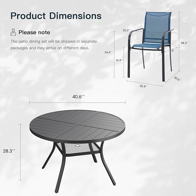 VICLLAX 5 Pieces Patio Outdoor Dining Set, 40.6" Round Metal Table with Umbrella Hole and Storage Shelf, 4 Stackable Textilene Chairs for Patio, Lawn, Garden, Porch, Black/Dark Blue