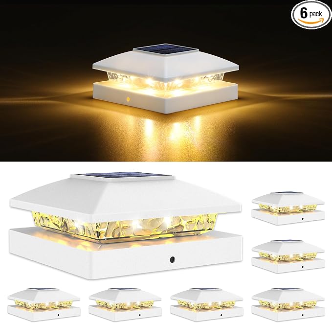 VOLISUN 4x4 Solar Post Cap Light 6pack,Solar Fence - Post Lights Outdoor Waterproof for Wooden/Vinyl Post,White Deck Post Cap Light Solar Powered with Warm White for Garden/Patio/Porch