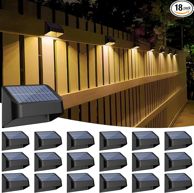 18 Pack Brighter Solar Fence Lights RGB 8 Colors Dusk to Dawn Deck Light Fence Solar Lights Outdoor IP65 Waterproof Solar Outdoor Lights for Step Patio Backyard Railing Wall, Black