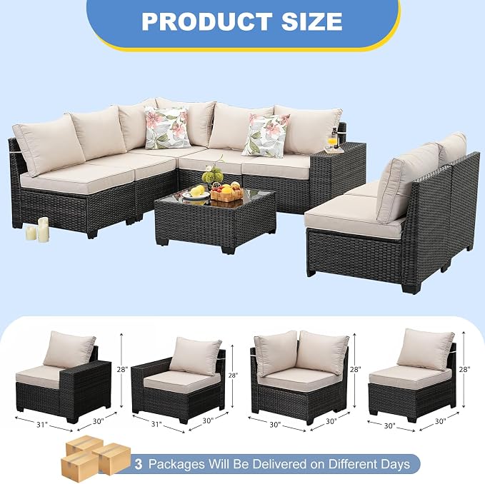 Patio Furniture Set, 8 Pieces Outdoor Couch Sofa with Wider Armrests & Glass Coffee Table, Outdoor Sectional Furniture with Thick Cushions for Party, Poolside,Garden-Beige