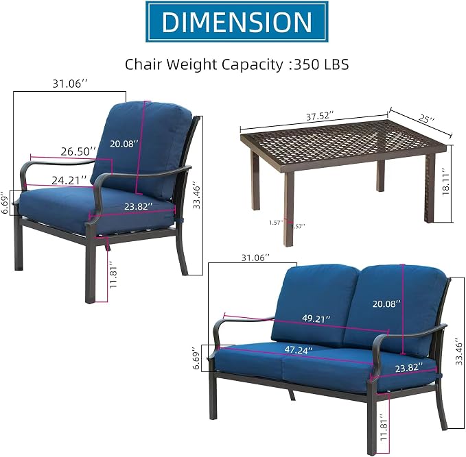 Domi Patio Conversation Set 4 Pieces, Metal Outdoor Patio Furniture with Coffee Table, All-Weather Modern Deep Seating Sofa Set with Cushions (Spring Coil Seat Cushion) -Blue