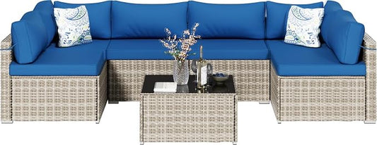 7-Piece Gray Rattan Patio Furniture Sets, Outdoor Conversation Sofa Sets with Water Resistant Blue Cushions & Tempered Glass Coffee Table, Modular Outdoor Sectional Sofa Sets with 2 Pillows