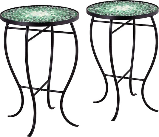 Teal Island Designs Bella Modern Black Metal Round Outdoor Accent Side Tables 14" Wide Set of 2 Set of 2 Green Mosaic Tile Tabletop Gracefully Curved Legs for Spaces Porch Patio Home House Balcony