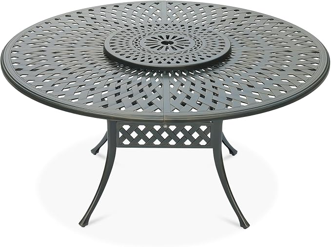 VIVIJASON Outdoor 61" Patio Dining Table for 6-8 Person, Patio Round Dining Table with 24" Lazy Susan, Cast Aluminum Rustic Patio Table W/Umbrella Hole for Balcony, Porch and Deck, Dark Bronze