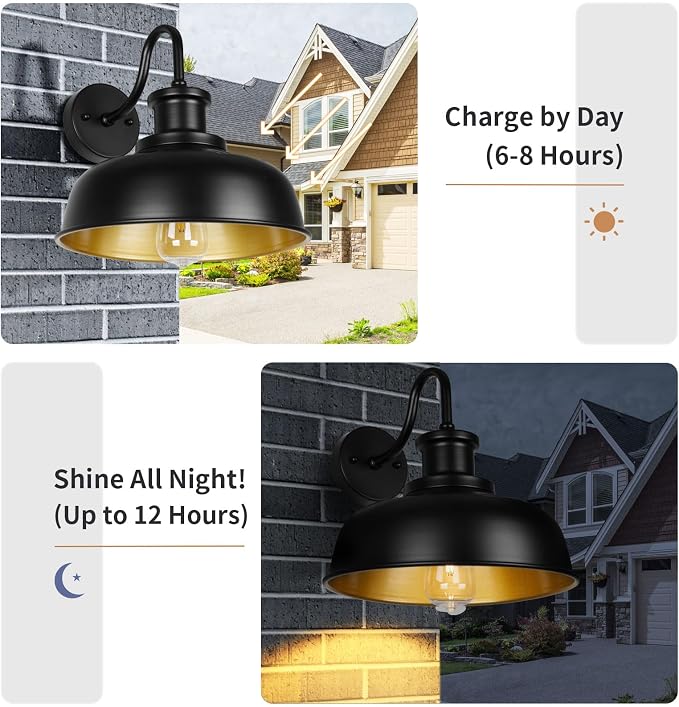 Solar Barn Lights for Outside, Outdoor Wall Light Solar Powered, Farmhouse Exterior Wall Sconces, Industrial Outside Lighting Fixture, Rustic Lanterns Work with Gooseneck Barn Shed Coop Patio