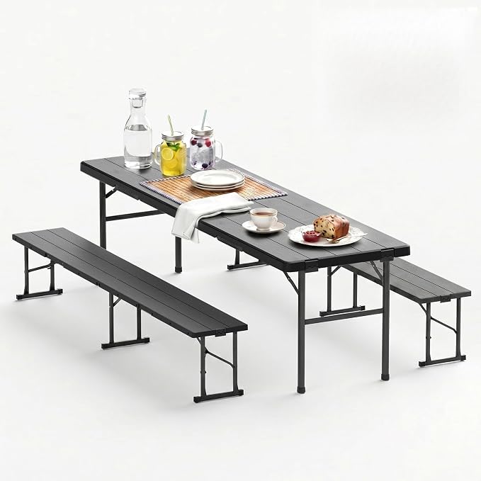 6FT All-in-One Folding Table and Chair Set, Seats 6-8, Chairs Store Inside to Form Carrying Case, Heavy Duty HDPE & Steel, Portable Space-Saving for Outdoor, Party, Camping, Picnic,Black