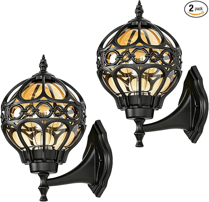 2 Pack Black Globe Outdoor Wall Lights, Round Exterior Wall Sconce for Patio, Porch, Garage, Anti-Rust Aluminum Wall Mount Lighting Fixture, Classic Wall Lantern with Ornate Cage & Amber Glass