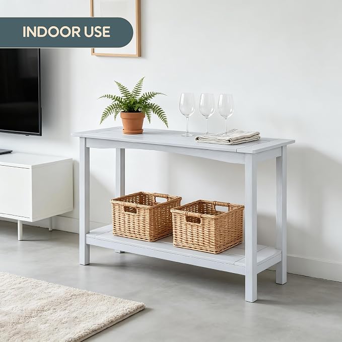 Weatherproof HIPS Outdoor Console Table, 48'' 2-Shelf Side Table Indoor/Outdoor Use, Multifunctional Buffet Table Bar Storage Organizer for Entryway, Patio, Outside Plant Stand Table, White